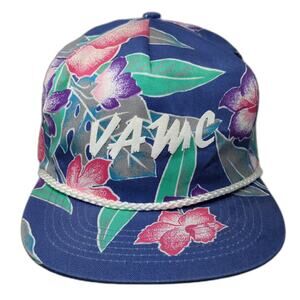 San Sun 5 Panel Blue Floral Tropical Hat One Size Snapback Rope VAMC Aloha Surf